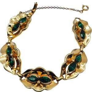Corocraft Coro Bracelet Emerald Rhinestone Gold Vermeil Links Signed Designer